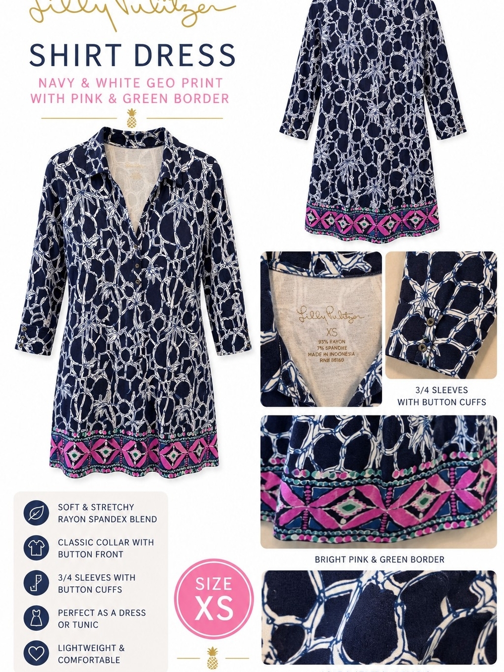 Lilly Pulitzer Navy & White Geo-Print Shirt Dress with Pink and Teal Hem